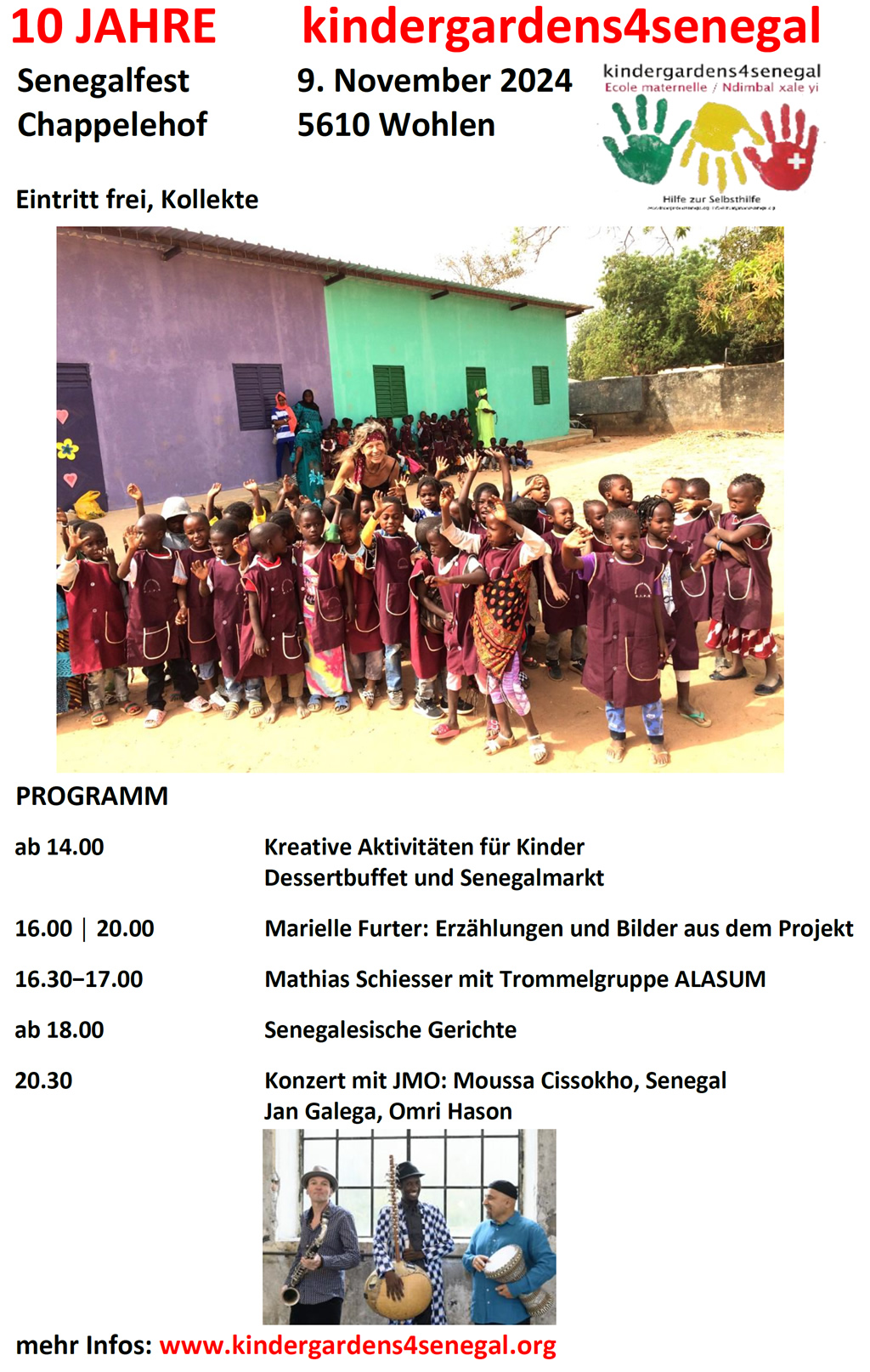 Plakat Jubiläum 10 Jahre kindergardens4senegal, Chappelehof, Wohlen